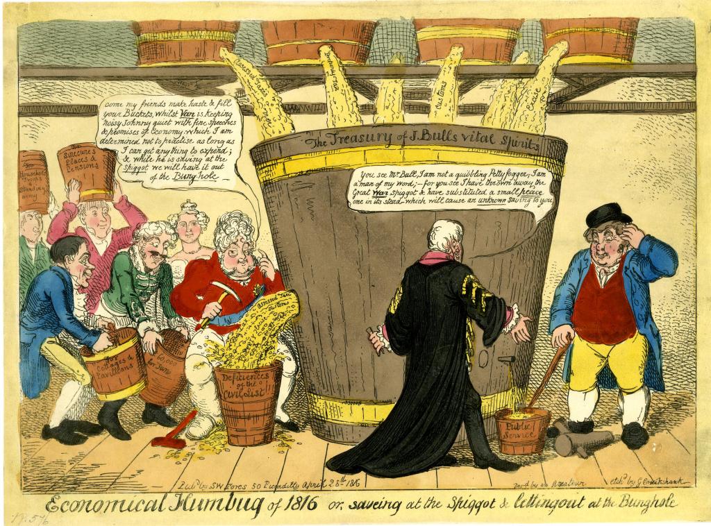 Image is a satirical colour print showing a Barrel being tapped into two buckets. 
The characters on the left are tapping a large amount into a bucket labelled ‘deficiencies of the Civil List’. More characters with large buckets are behind them, waiting their turn. 
The characters on the right are tapping a small quantity into a bucket labelled ‘Public Service’ .
