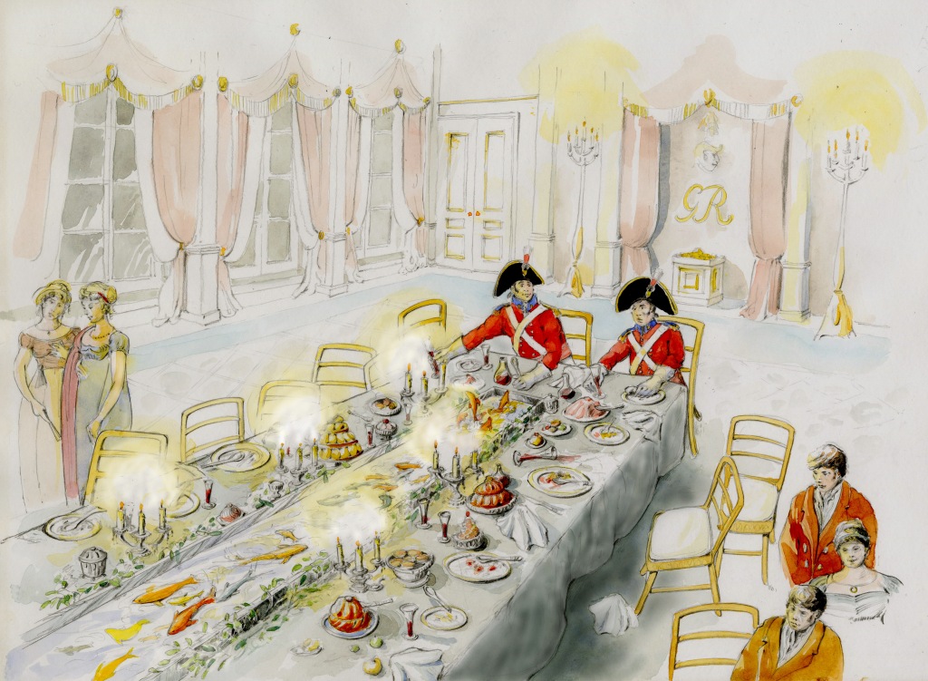 Image is a colour illustration showing characters gathered around a sumptuous feast at an elaborate dining table. Goldfish are swimming in a water channel down the centre of the table