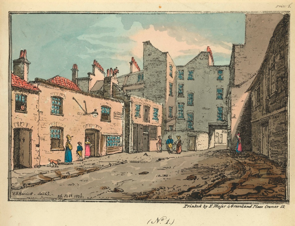 Image is a colour print showing Cato Street. There are 7 people and a dog on the street. 