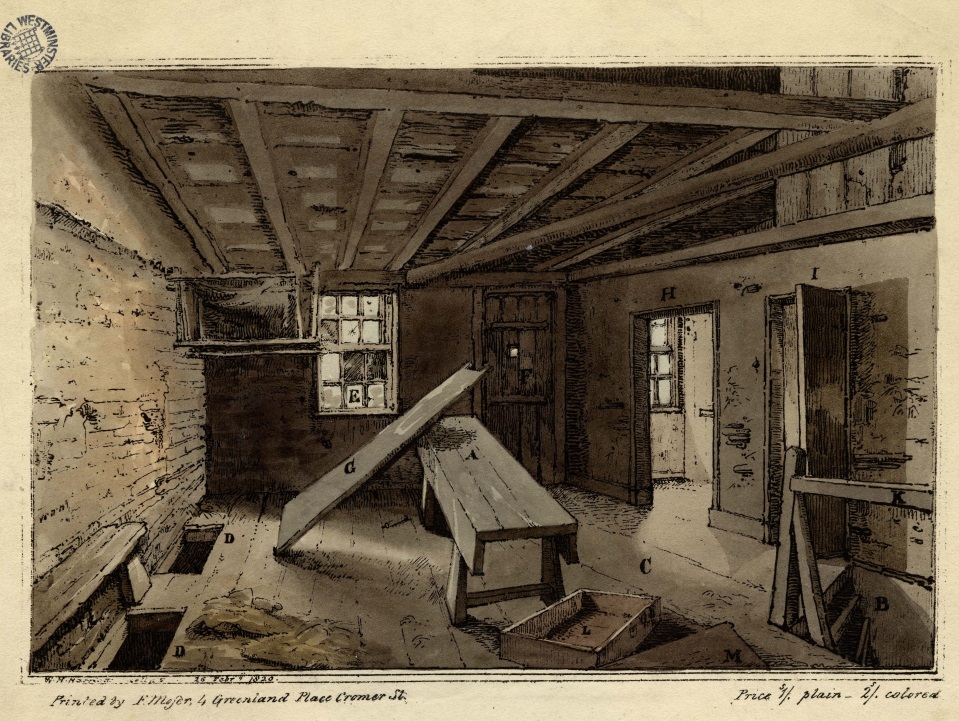 Image is a sepia tinted illustration showing the interior view of the barn where the conspirators met.