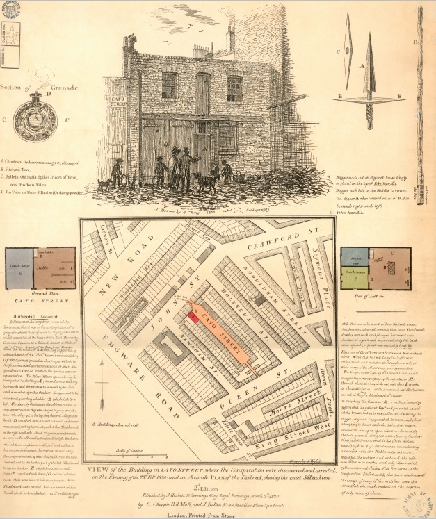 Top Image is a black and white drawing of the exterior of the conspirator’s barn on Cato Street. 
Bottom Image is a map of the area with Cato Street marked out in orange and the barn marked out in red. 
